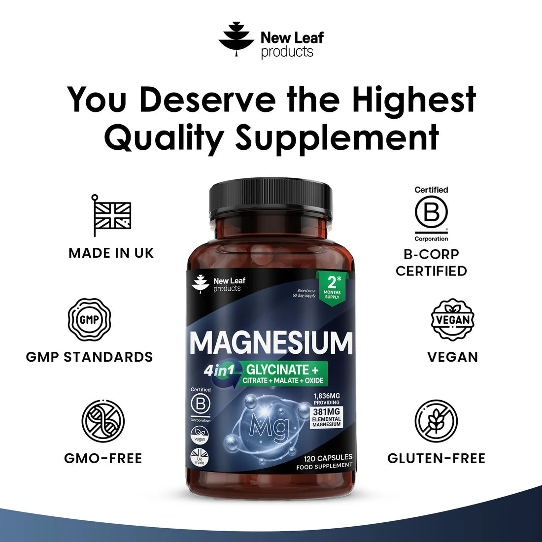New Leaf Products - Magnesium 4-in-1 :Glycinate, Citrate, Malate, Oxide Capsules - 120 capsules