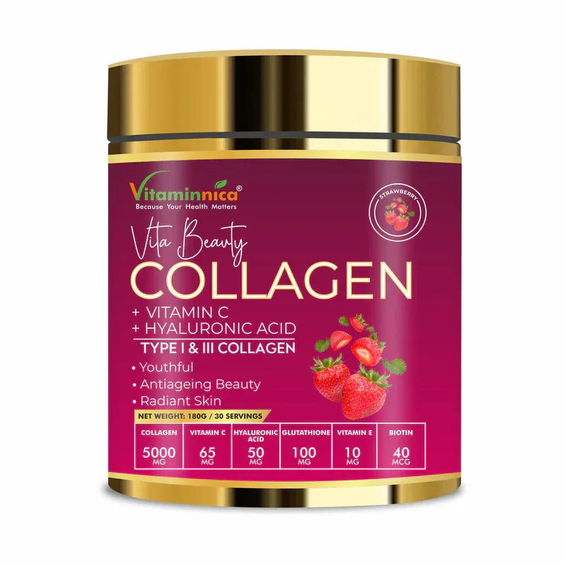 Vitaminnica Vita Beauty Premium Bovine Collagen Powder (Type I & III) with Hyaluronic Acid, Glutathione, Vitamin C, Biotin & Vitamin E | For Glowing Skin & Anti-Aging - 30 servings - The Wellness Store®