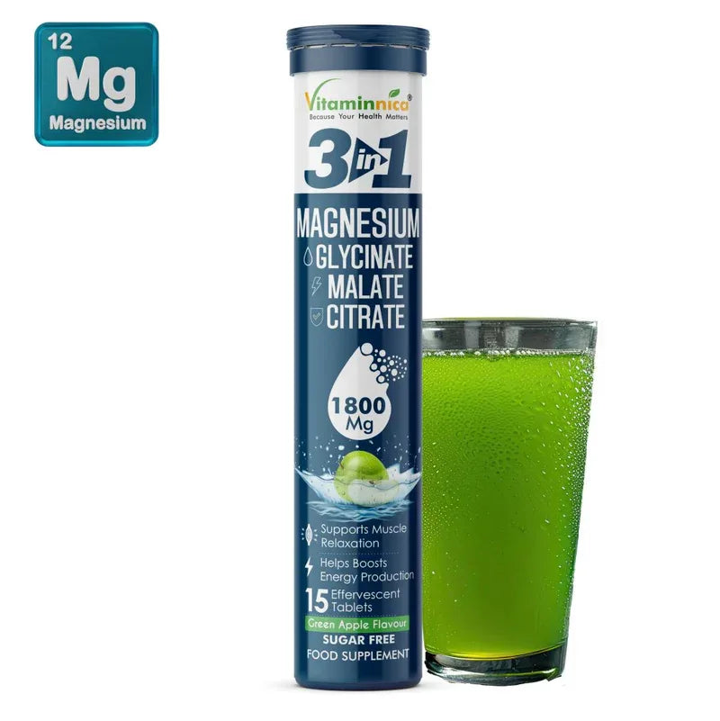 Vitaminnica Magnesium 3-in-1 Effervescent Tablets | Malate, Glycinate & Citrate for Muscle Health, Relaxation, Stress & Sleep | 15 Tablets - The Wellness Store®
