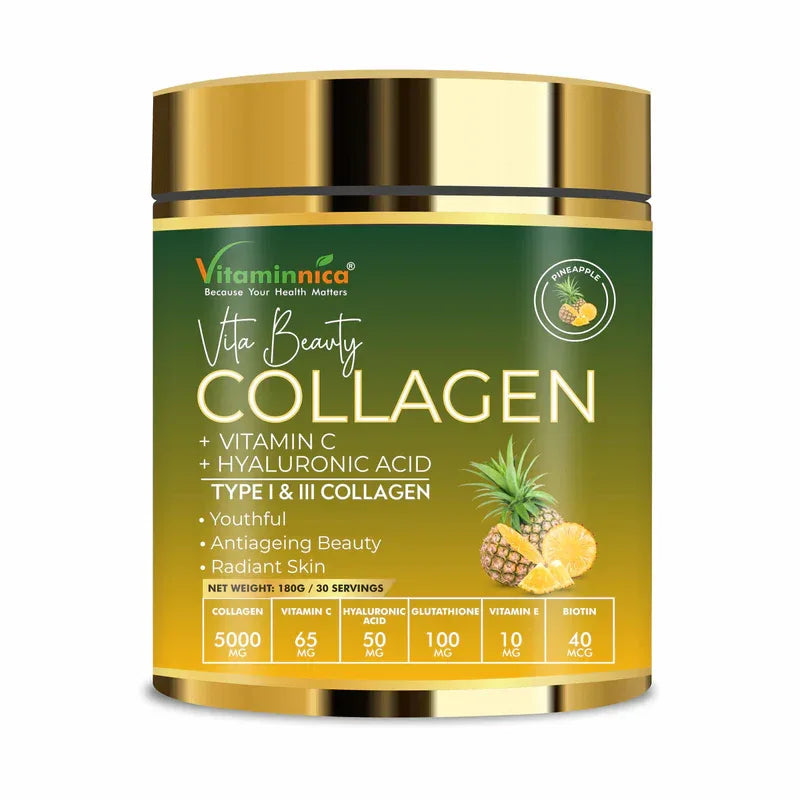 Vitaminnica Vita Beauty Premium Bovine Collagen Powder (Type I & III) with Hyaluronic Acid, Glutathione, Vitamin C, Biotin & Vitamin E | For Glowing Skin & Anti-Aging - 30 servings - The Wellness Store®