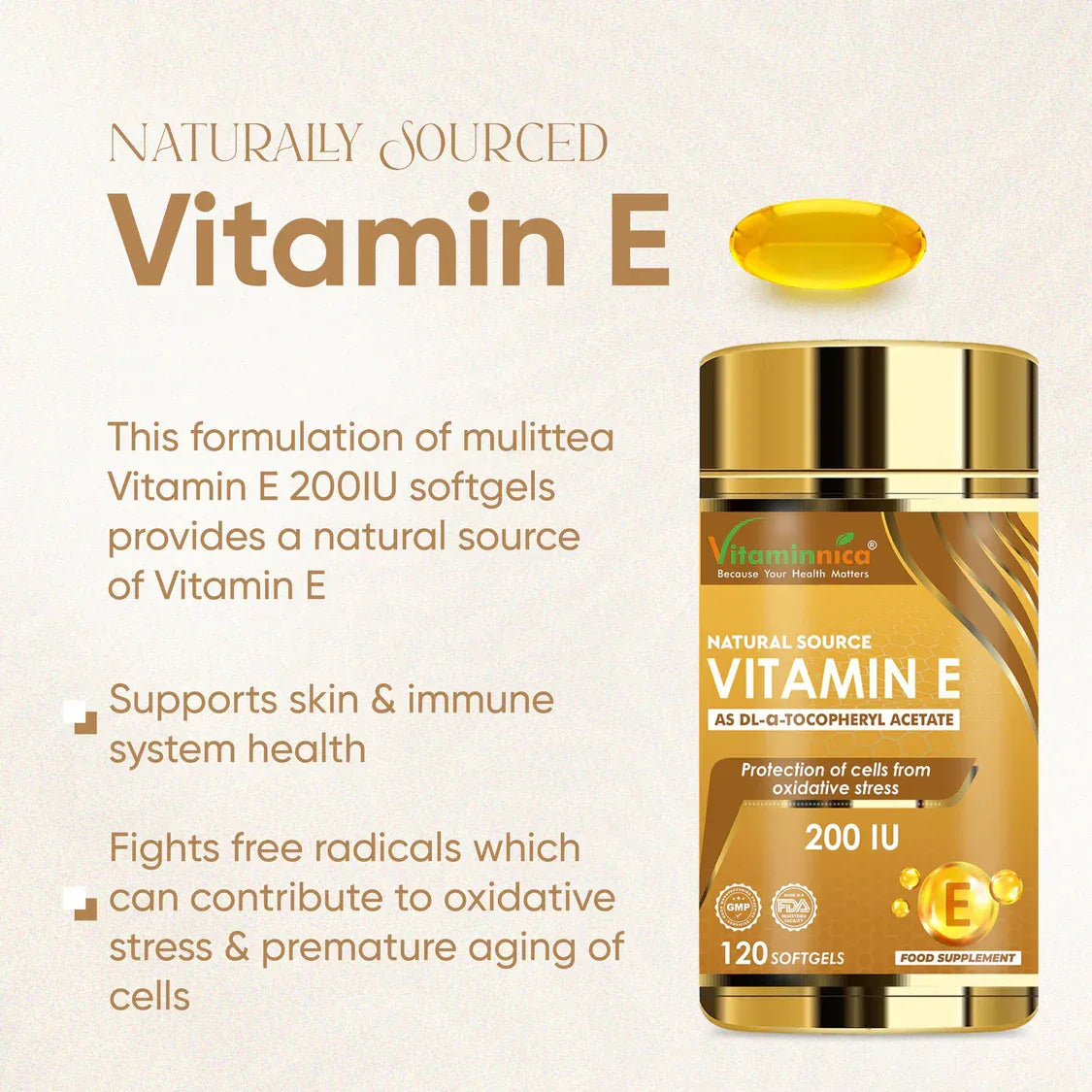 Vitaminnica Vitamin E- 120 Softgels | Antioxidant Support for Skin, Hair, Immunity & Cellular Protection - The Wellness Store®