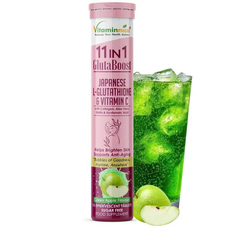 Vitaminnica Gluta Boost 11-in-1 Effervescent Tablets | Japanese L-Glutathione, Collagen, Vitamin C, Biotin & Hyaluronic Acid | Skin Radiance & Beauty Supplement | 15 Tablets - The Wellness Store®