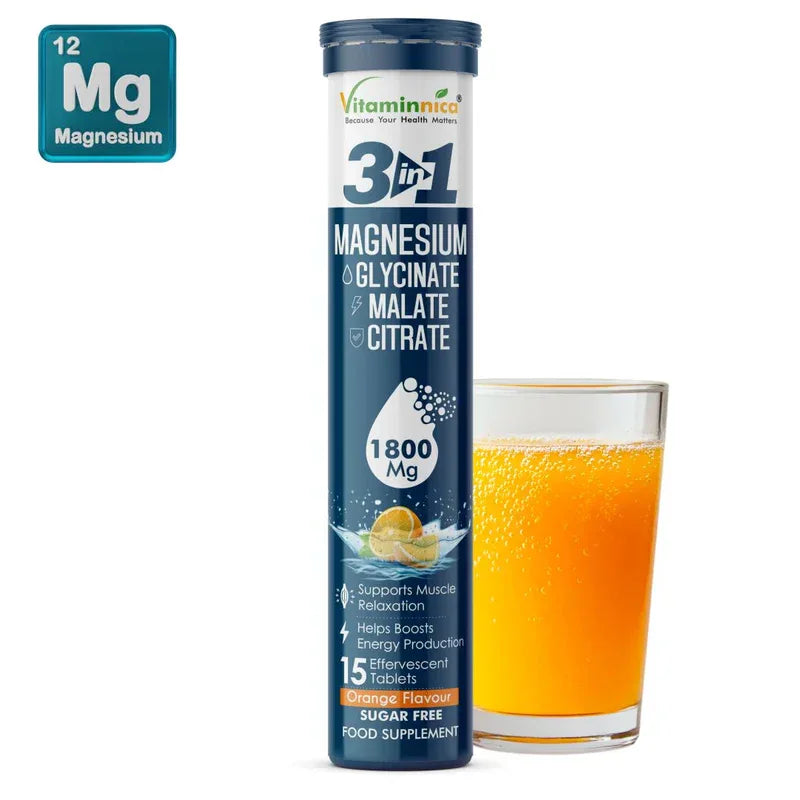 Vitaminnica Magnesium 3-in-1 Effervescent Tablets | Malate, Glycinate & Citrate for Muscle Health, Relaxation, Stress & Sleep | 15 Tablets - The Wellness Store®