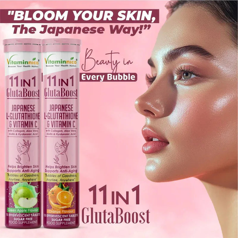 Vitaminnica Gluta Boost 11-in-1 Effervescent Tablets | Japanese L-Glutathione, Collagen, Vitamin C, Biotin & Hyaluronic Acid | Skin Radiance & Beauty Supplement | 15 Tablets - The Wellness Store®