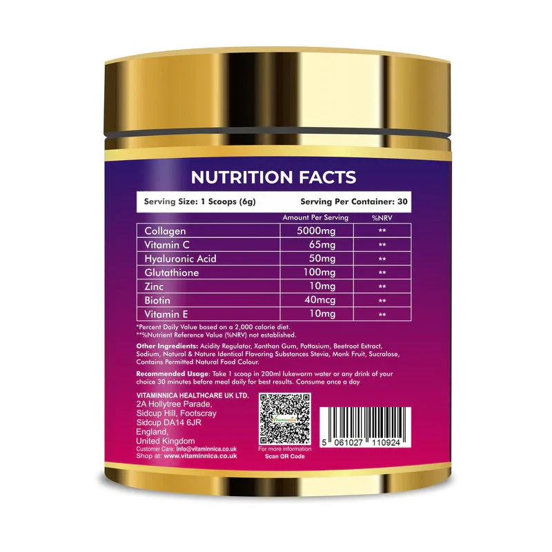 Vitaminnica Vita Beauty Premium Bovine Collagen Powder (Type I & III) with Hyaluronic Acid, Glutathione, Vitamin C, Biotin & Vitamin E | For Glowing Skin & Anti-Aging - 30 servings - The Wellness Store®