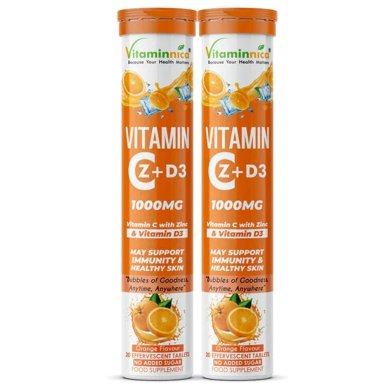 Vitaminnica Vitamin C + Zinc + D3- 20 Effervescent Tablets – High-Strength Vitamin C Drink for Immunity, Hydration, and Recovery | Sugar-Free, Orange Flavour - The Wellness Store®
