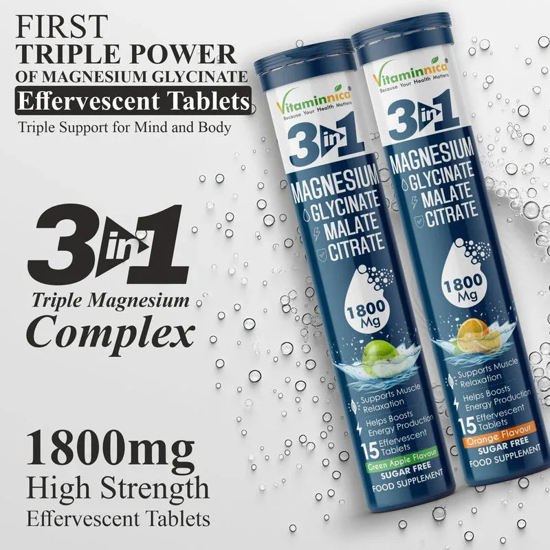 Vitaminnica Magnesium 3-in-1 Effervescent Tablets | Malate, Glycinate & Citrate for Muscle Health, Relaxation, Stress & Sleep | 15 Tablets - The Wellness Store®