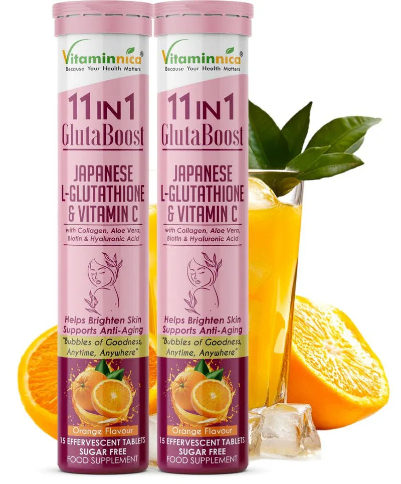 Vitaminnica Gluta Boost 11-in-1 Effervescent Tablets | Japanese L-Glutathione, Collagen, Vitamin C, Biotin & Hyaluronic Acid | Skin Radiance & Beauty Supplement | 15 Tablets - The Wellness Store®