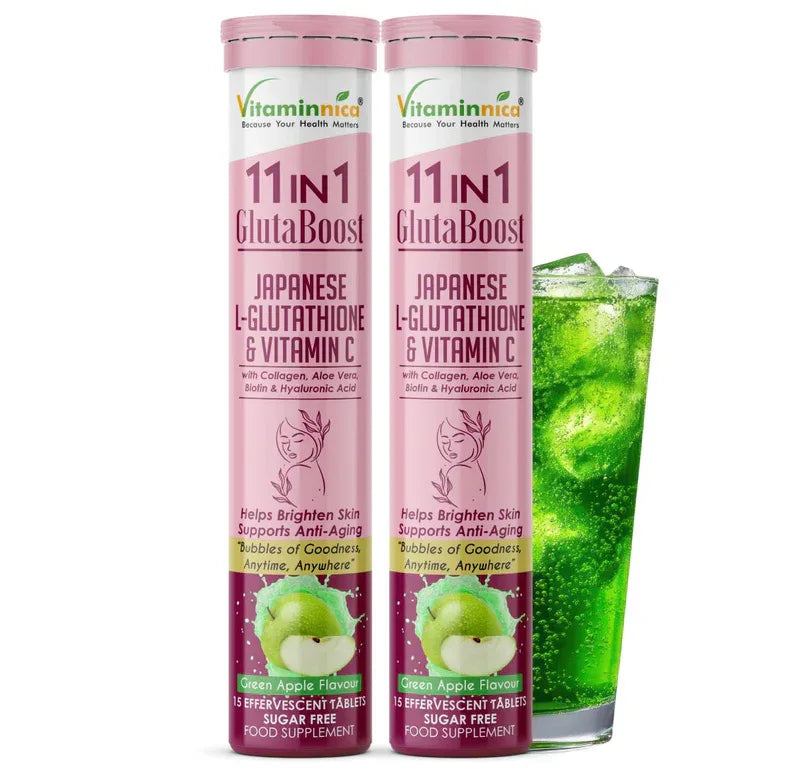 Vitaminnica Gluta Boost 11-in-1 Effervescent Tablets | Japanese L-Glutathione, Collagen, Vitamin C, Biotin & Hyaluronic Acid | Skin Radiance & Beauty Supplement | 15 Tablets - The Wellness Store®