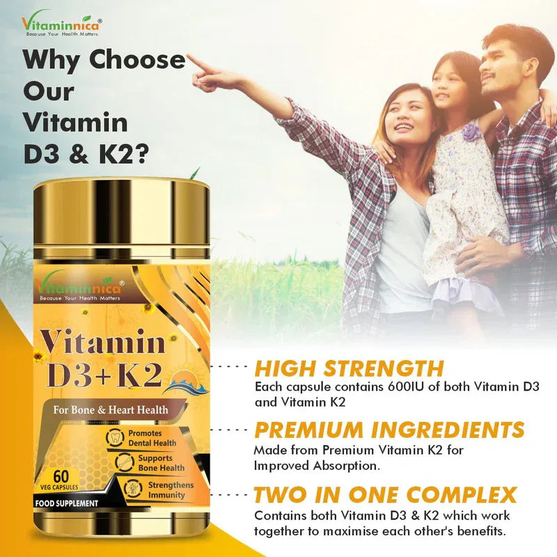 Vitaminnica Vitamin D3+K2 - Improves Bone Health- 60 Capsules - The Wellness Store®
