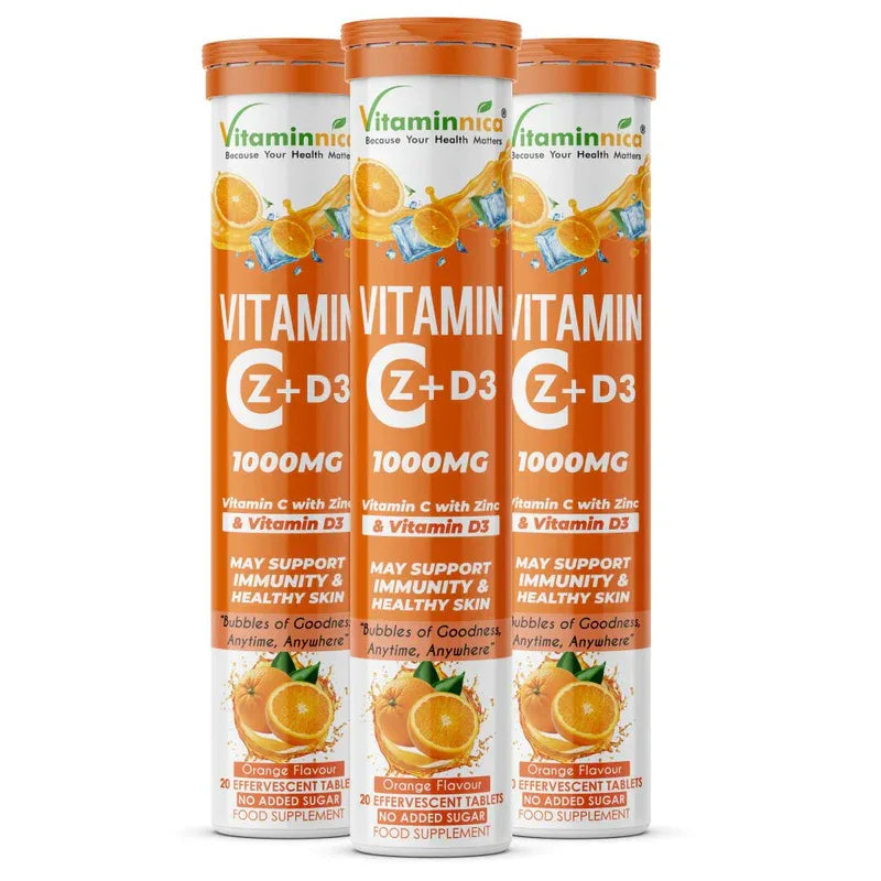 Vitaminnica Vitamin C + Zinc + D3- 20 Effervescent Tablets – High-Strength Vitamin C Drink for Immunity, Hydration, and Recovery | Sugar-Free, Orange Flavour - The Wellness Store®