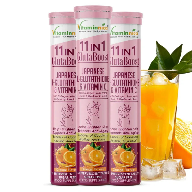 Vitaminnica Gluta Boost 11-in-1 Effervescent Tablets | Japanese L-Glutathione, Collagen, Vitamin C, Biotin & Hyaluronic Acid | Skin Radiance & Beauty Supplement | 15 Tablets - The Wellness Store®