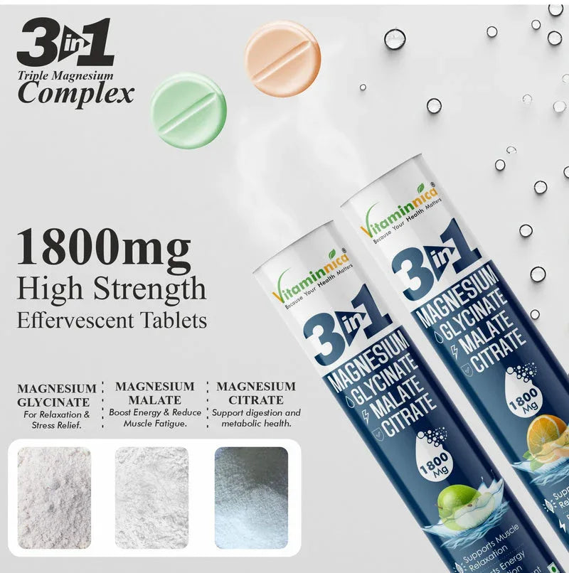 Vitaminnica Magnesium 3-in-1 Effervescent Tablets | Malate, Glycinate & Citrate for Muscle Health, Relaxation, Stress & Sleep | 15 Tablets - The Wellness Store®