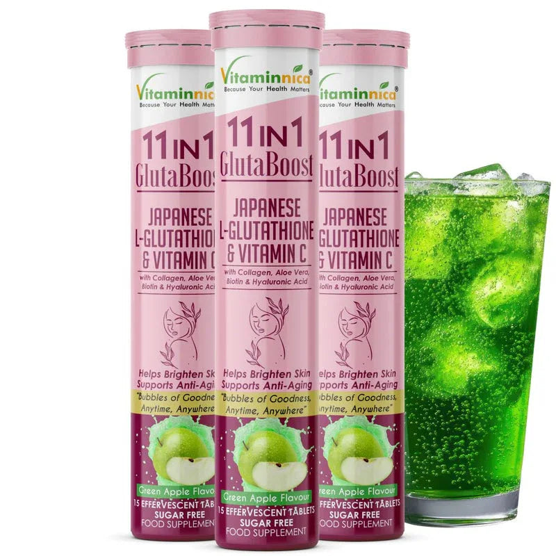 Vitaminnica Gluta Boost 11-in-1 Effervescent Tablets | Japanese L-Glutathione, Collagen, Vitamin C, Biotin & Hyaluronic Acid | Skin Radiance & Beauty Supplement | 15 Tablets - The Wellness Store®