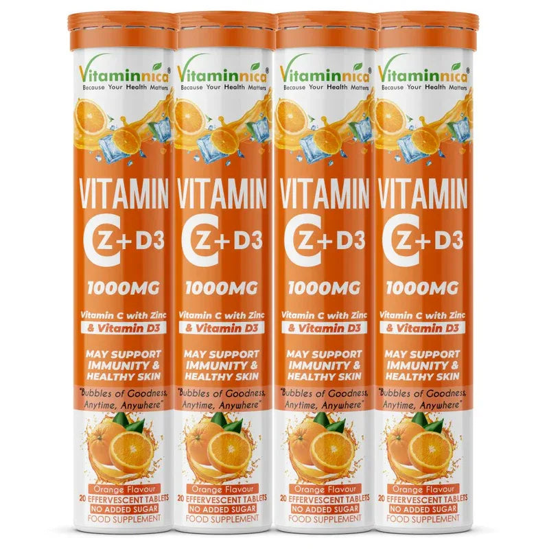 Vitaminnica Vitamin C + Zinc + D3- 20 Effervescent Tablets – High-Strength Vitamin C Drink for Immunity, Hydration, and Recovery | Sugar-Free, Orange Flavour - The Wellness Store®