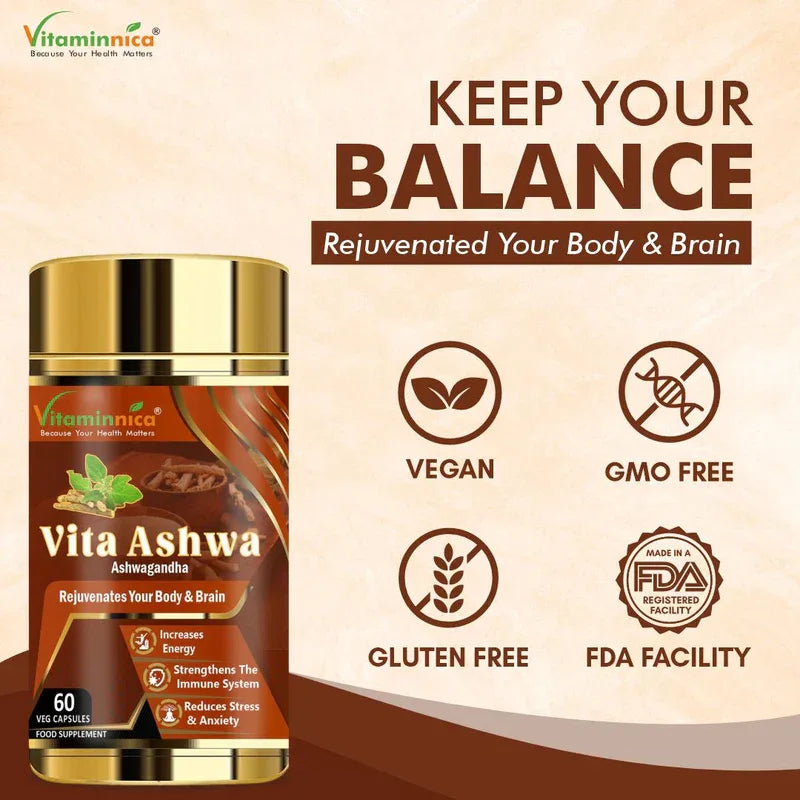 Vitaminnica Vita Ashwa- Ashwagandha 500mg- Rejuvenates your Body- 60 Capsules - The Wellness Store®