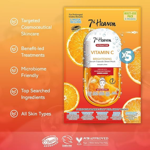 7th Heaven – Nutriactive Vitamin C Sheet Masks Multipack (Pack of 5) – Brightening Face Mask Set with Amino Acids
