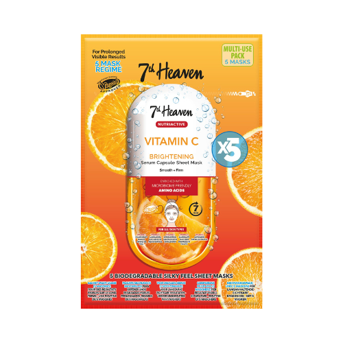 7th Heaven – Nutriactive Vitamin C Sheet Masks Multipack (Pack of 5) – Brightening Face Mask Set with Amino Acids