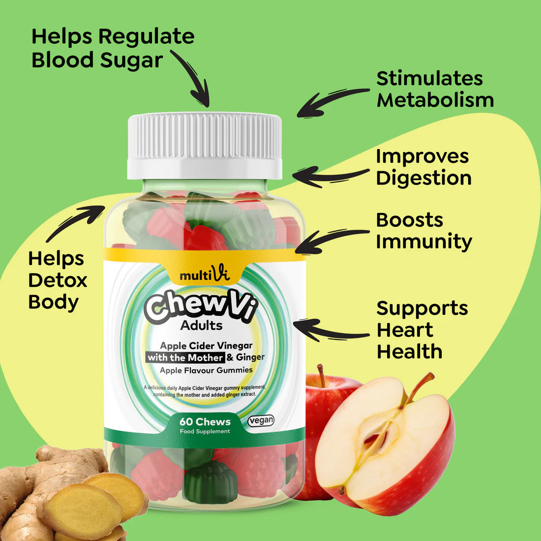 MultiVi - Apple Cider Vinegar (with the Mother) & Ginger - 60 Chewable Gummies