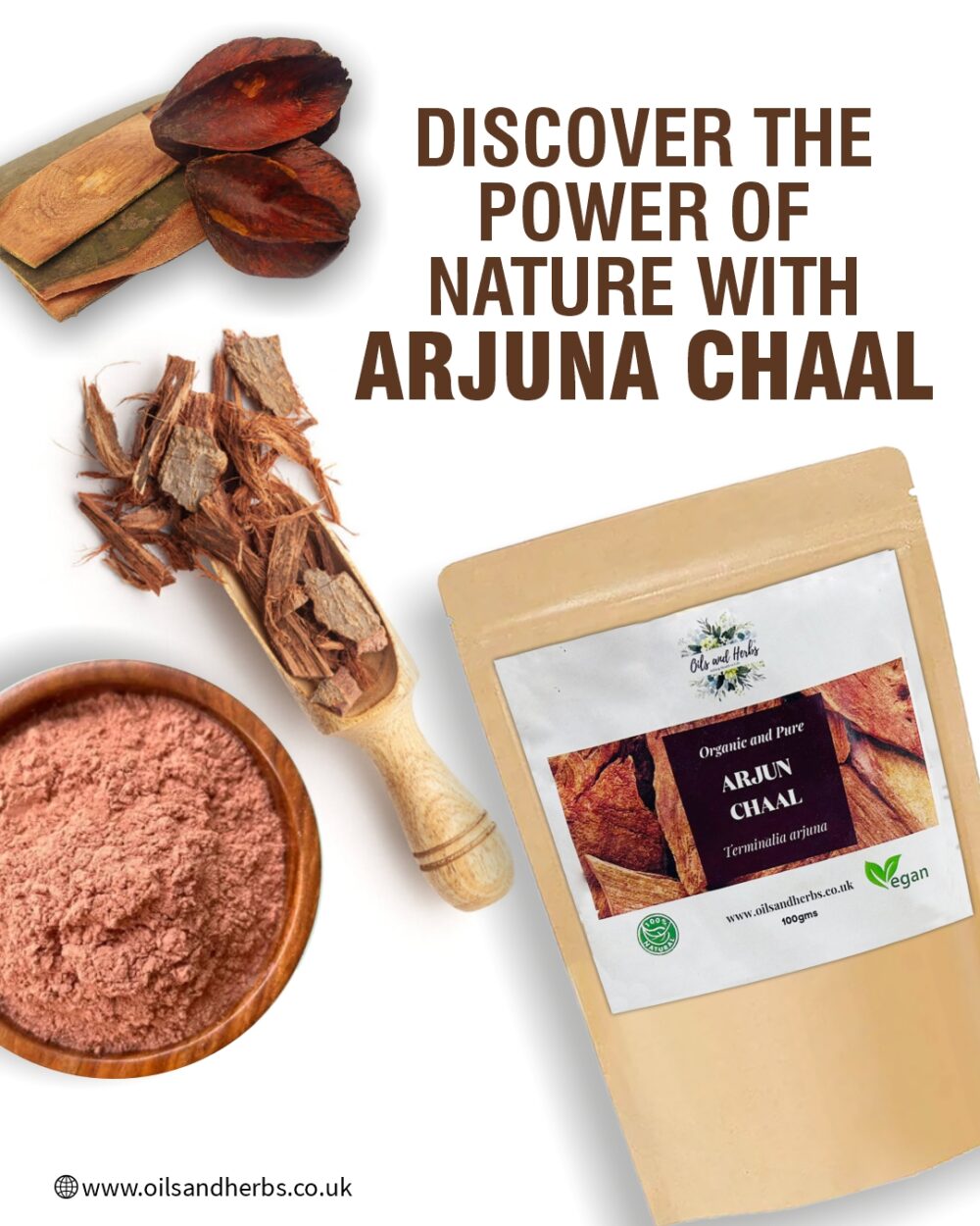 Oils & Herbs - 100% Organic Arjuna Chaal Powder (Terminalia arjuna) - 100g Powder