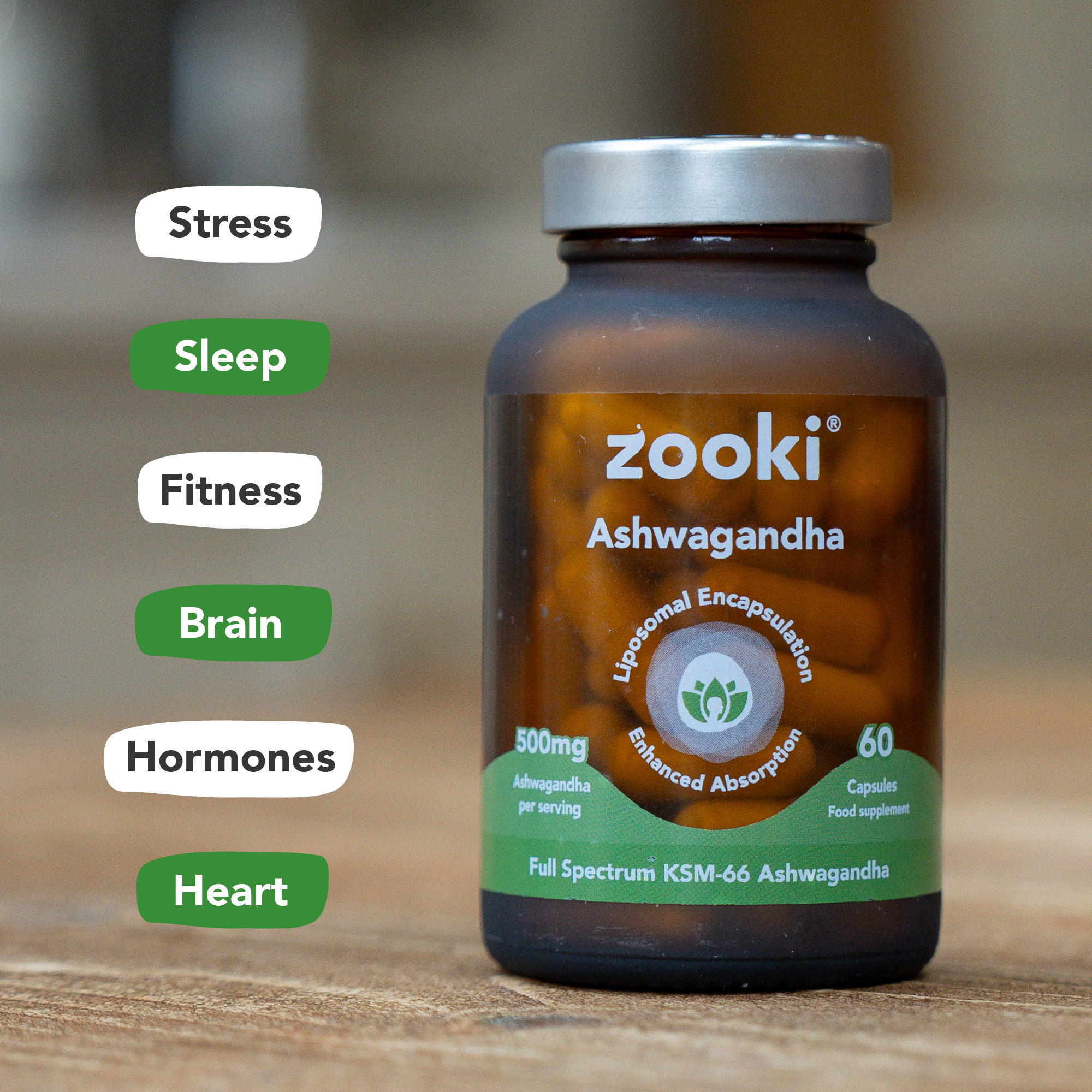 Zooki - Ashwagandha 500mg Liposomal KSM-66 - 60 Vegan Capsules