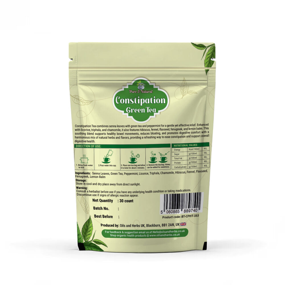 Oils & Herbs – Natural Herbal Constipation Relief Green Tea – 30 Tea Bags