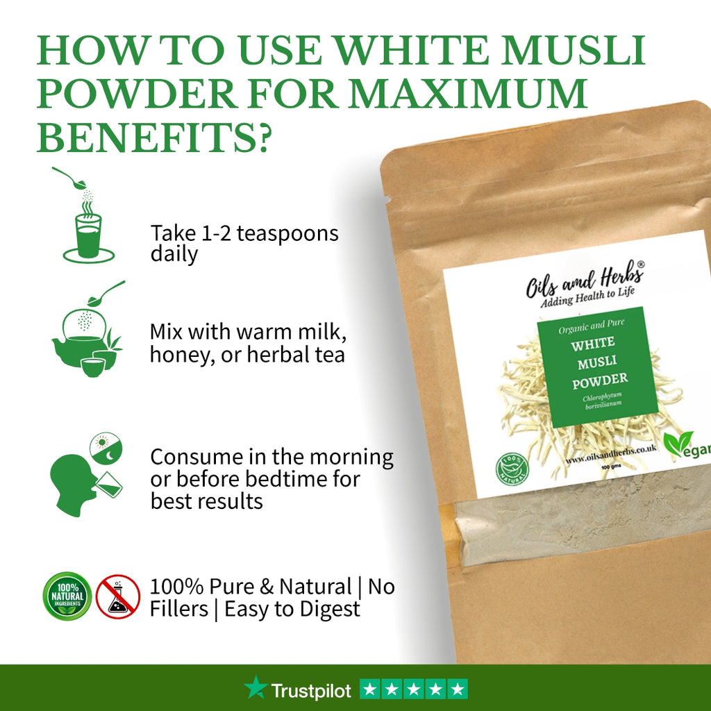 Oils & Herbs - 100% Organic White Musli Powder (Safed Musli) - 100g Powder