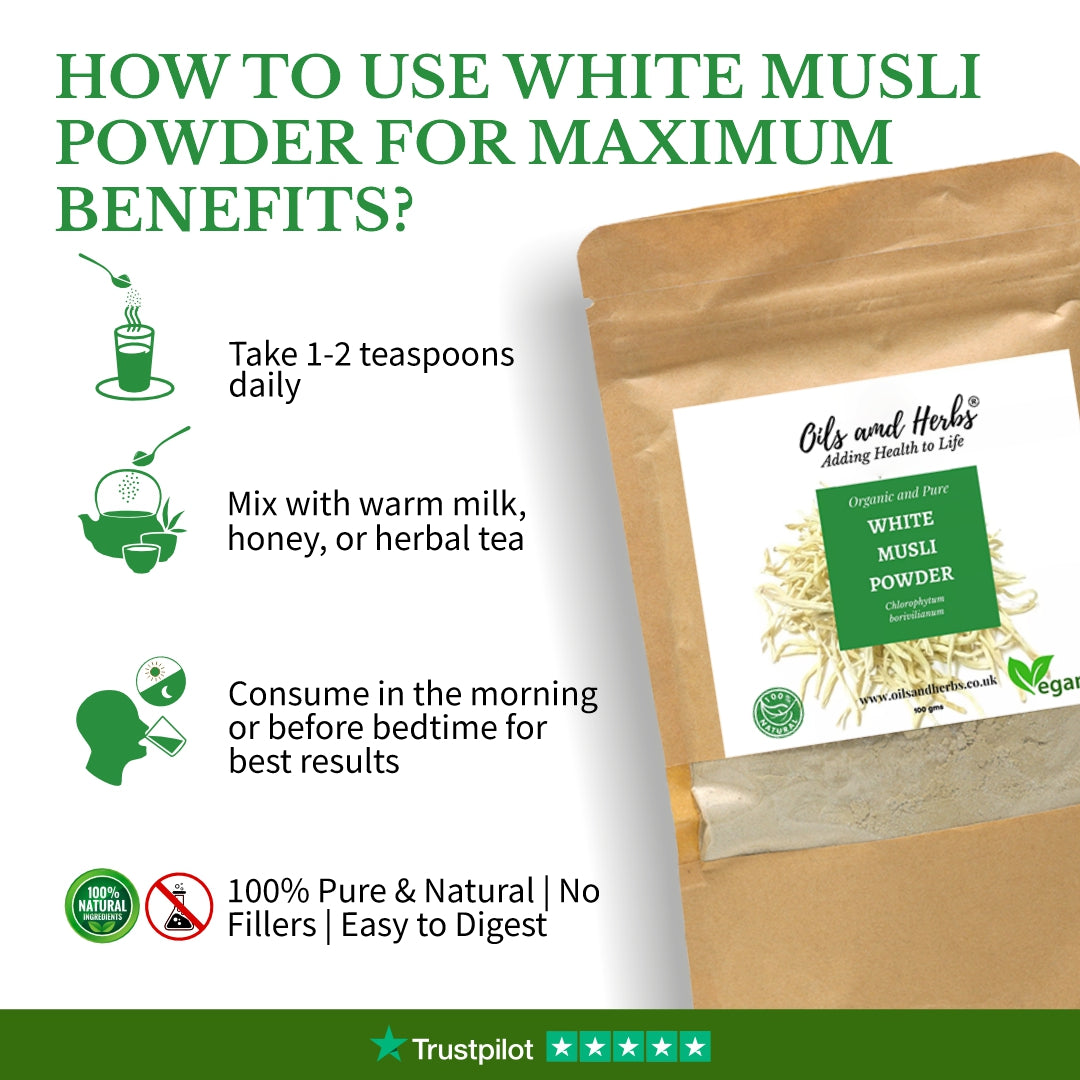 Oils & Herbs - 100% Organic White Musli Powder (Safed Musli) - 100g Powder