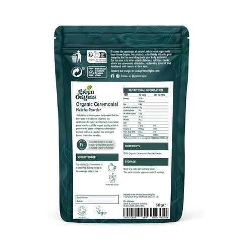 Green Origins – Organic Japanese Ceremonial Matcha Green Tea Powder – 30g