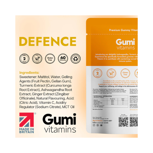 Gumi Vitamins - Defence – Ashwagandha, Turmeric & Ginger Gummies - 30 Servings (60 Gummies)