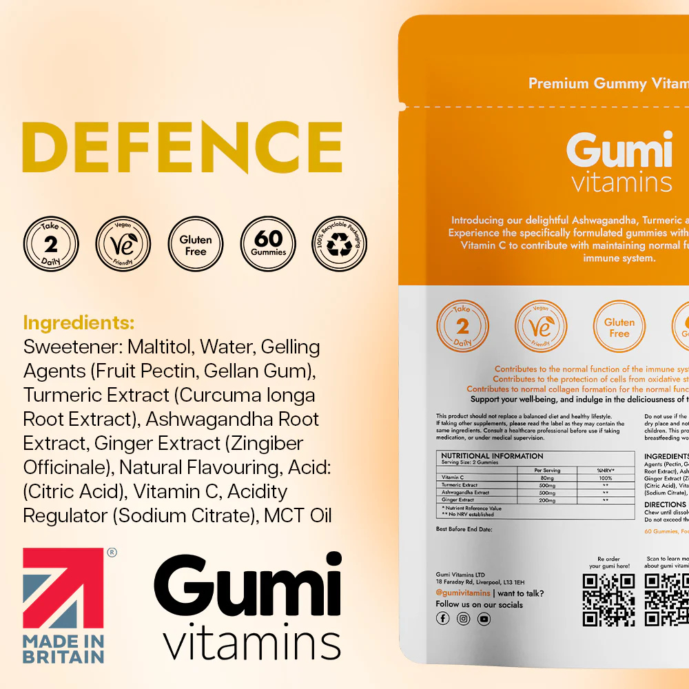 Gumi Vitamins - Defence – Ashwagandha, Turmeric & Ginger Gummies 300g - 30 Servings (60 Gummies)