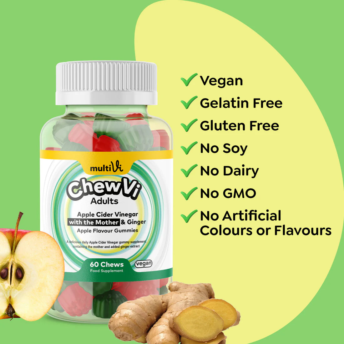 MultiVi - Apple Cider Vinegar (with the Mother) & Ginger - 60 Chewable Gummies