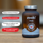 Zoooki Iron supplement bottle with 20mg liposomal encapsulated iron capsules for enhanced absorption, supporting reduced tiredness, energy-yielding metabolism, red blood cell formation, and normal oxygen transport.