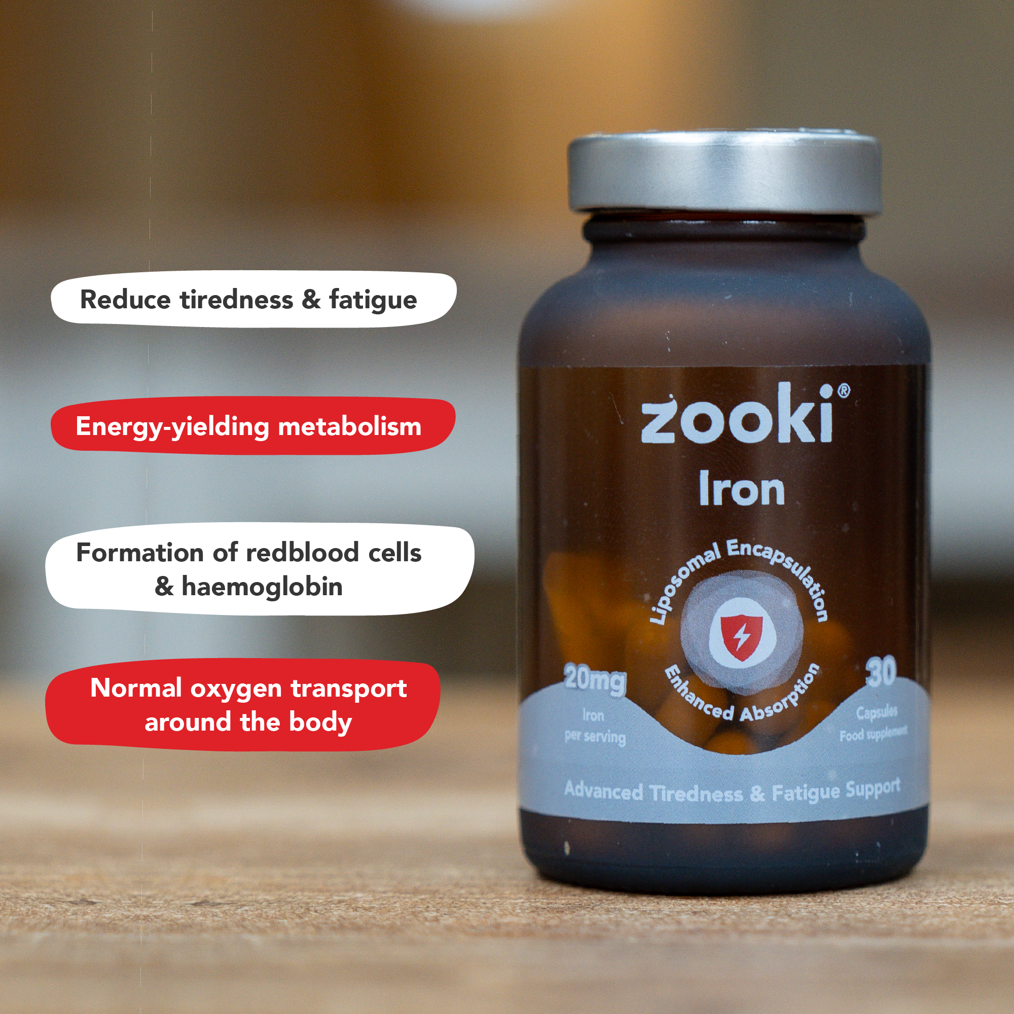Zoooki Iron supplement bottle with 20mg liposomal encapsulated iron capsules for enhanced absorption, supporting reduced tiredness, energy-yielding metabolism, red blood cell formation, and normal oxygen transport.