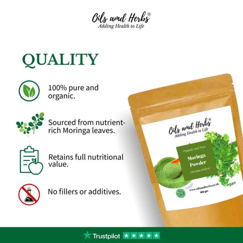 Oils & Herbs - 100% Organic Green Moringa Powder - 100g Powder - The Wellness Store®