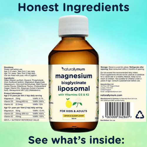 NaturallyMum - Magnesium Liposomal with Vitamins D3 & K2 - Lemon & Elderflower - 200ml