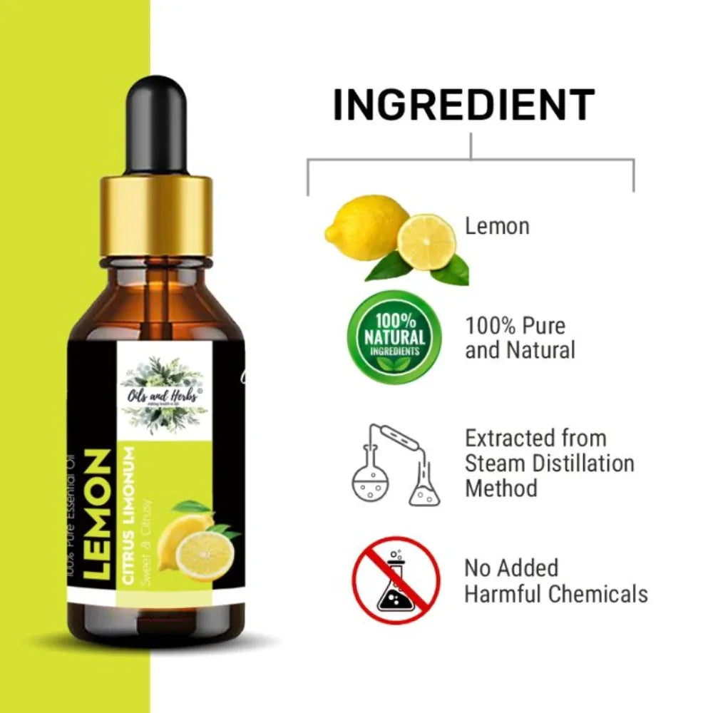 Oils & Herbs – Natural Lemon Essential Oil – 100% Pure & Therapeutic Grade - The Wellness Store®