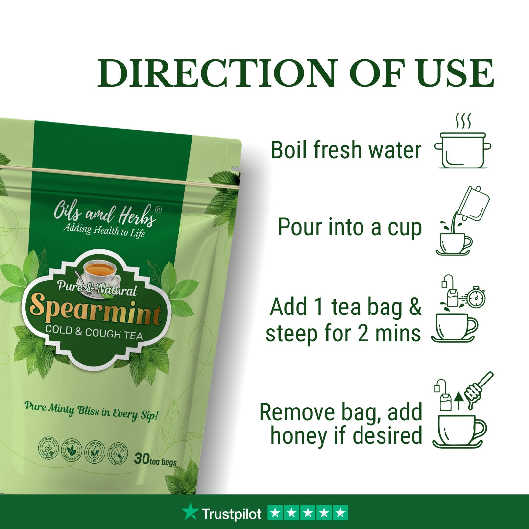Oils & Herbs – Refreshing & Soothing Natural Spearmint Leaf Tea – 30 Tea Bags