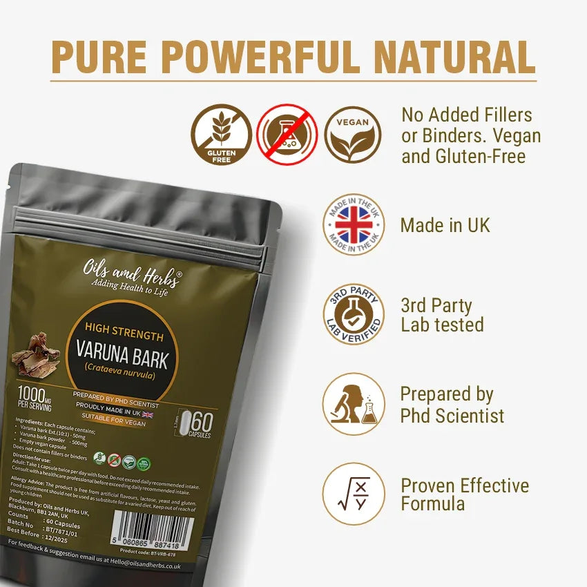 Oils & Herbs – High Strength Varuna Bark Capsules 1000mg - The Wellness Store®