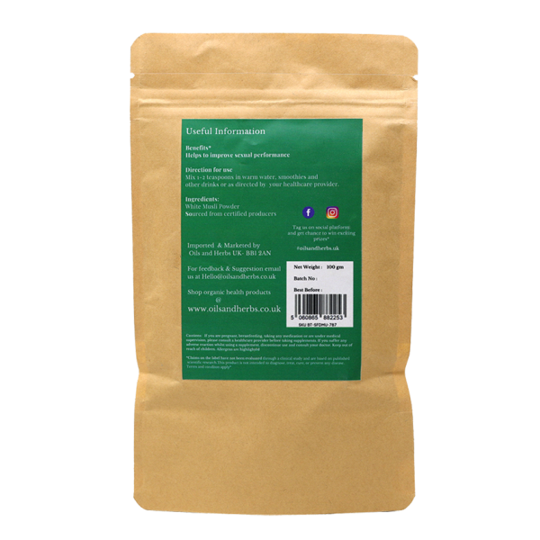 Oils & Herbs - 100% Organic White Musli Powder (Safed Musli) - 100g Powder