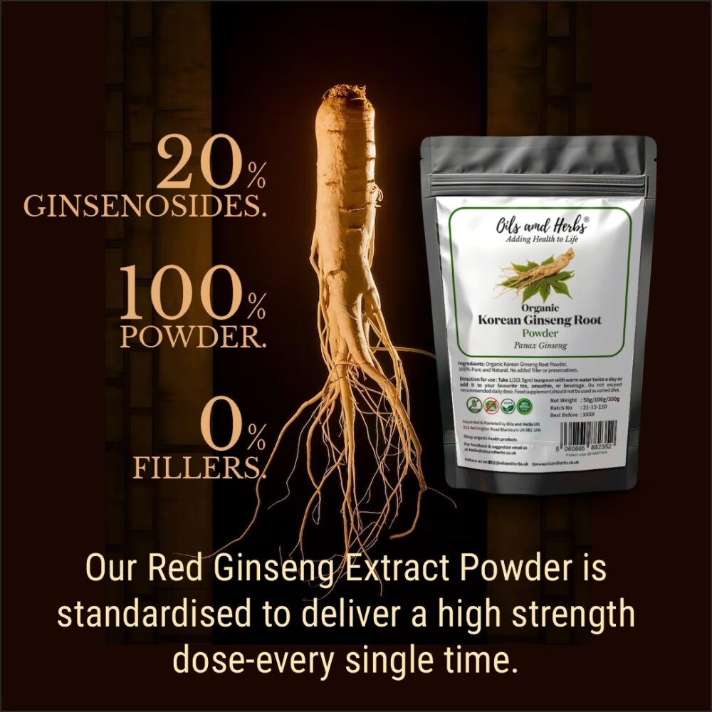 Oils & Herbs – Organic Korean Ginseng Extract Powder 20% Ginsenosides – 100gm