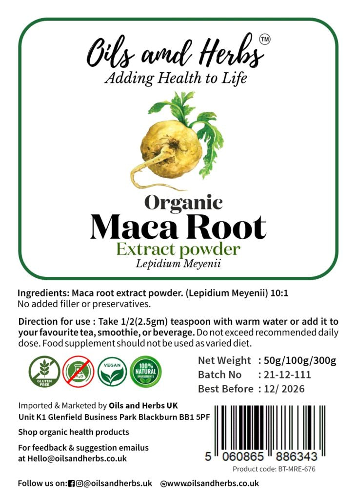 Oils & Herbs - 100% Organic Maca Root Extract Powder - 50g Powder