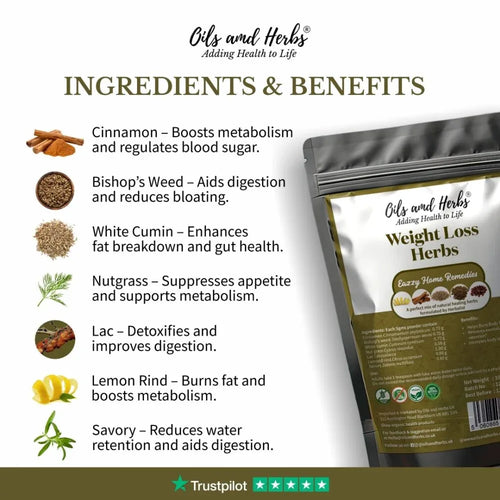 Oils & Herbs - Weight Loss Herbs - Mixture of 5 Effective Herbs - 500mg Powder - The Wellness Store®